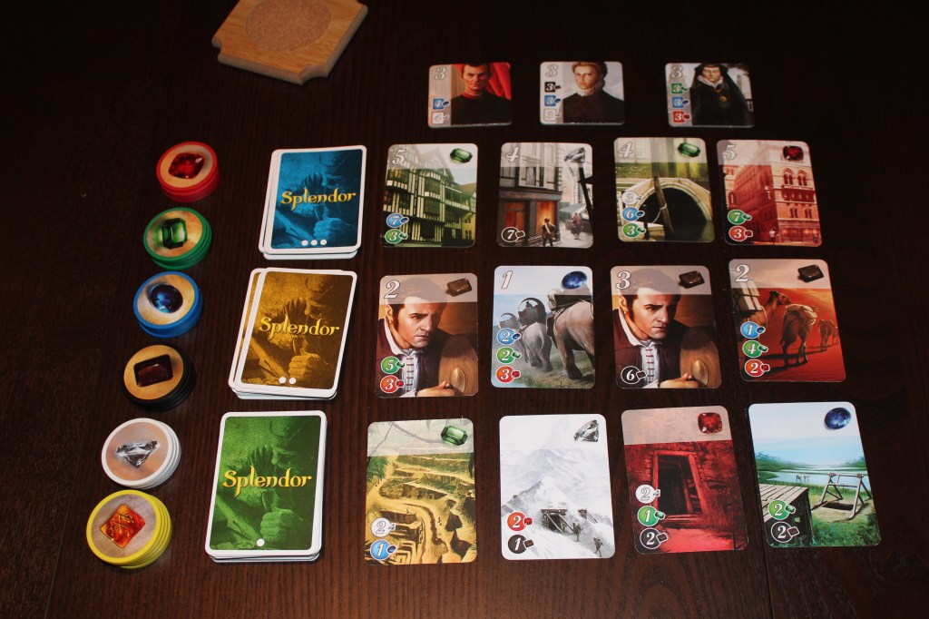 Splendor gems, cards, and tiles.