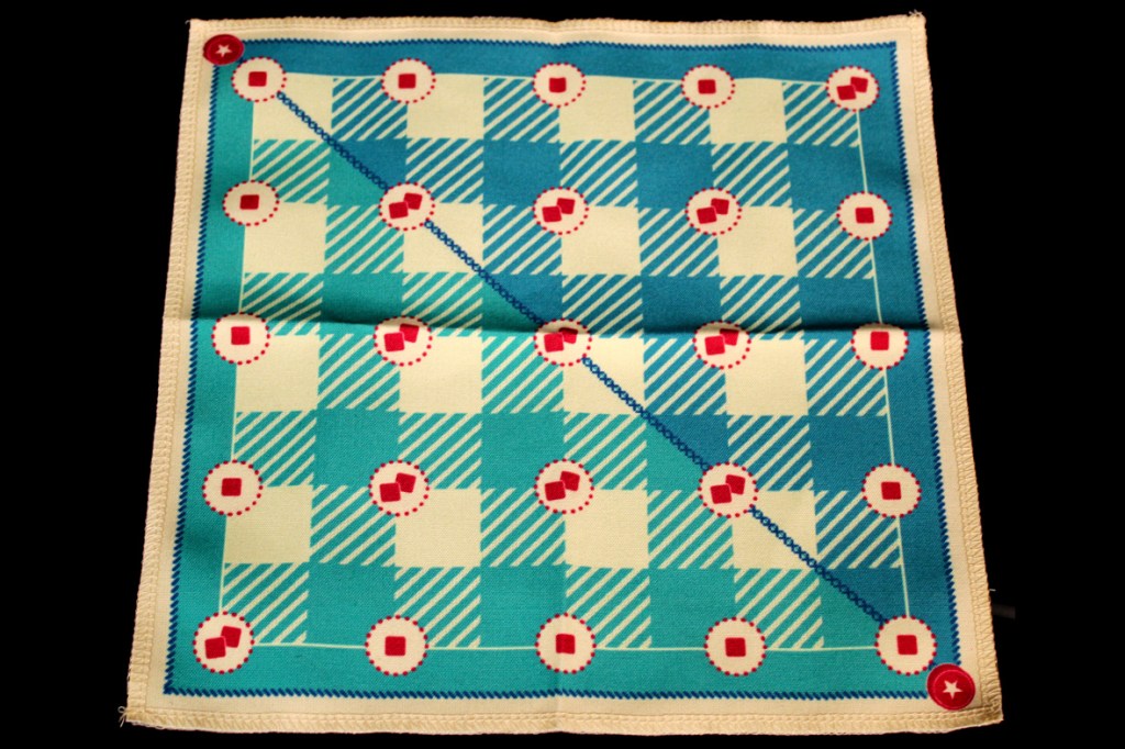 A colorful checkered game board featuring alternating blue and white squares with red and white circular markers placed at the intersections.