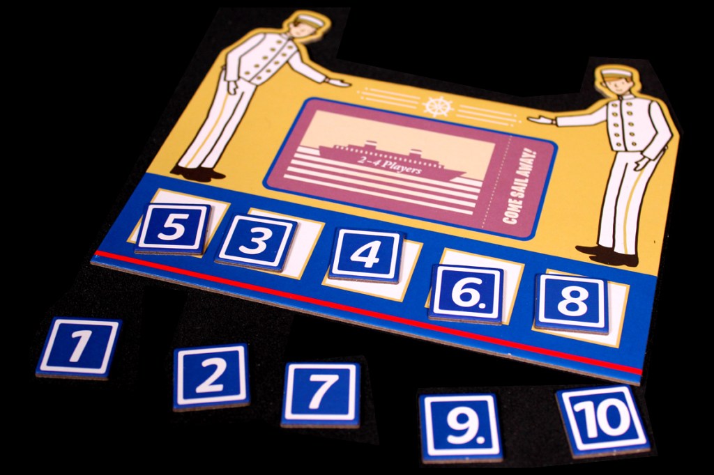 Game components for Come Sail Away!, featuring player boards and numbered tiles, with illustrations of ship crew members.