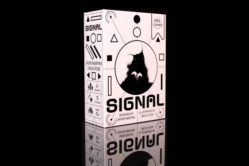 A box for the board game 'Signal' featuring a black and white design with abstract shapes and an illustration of an alien figure.