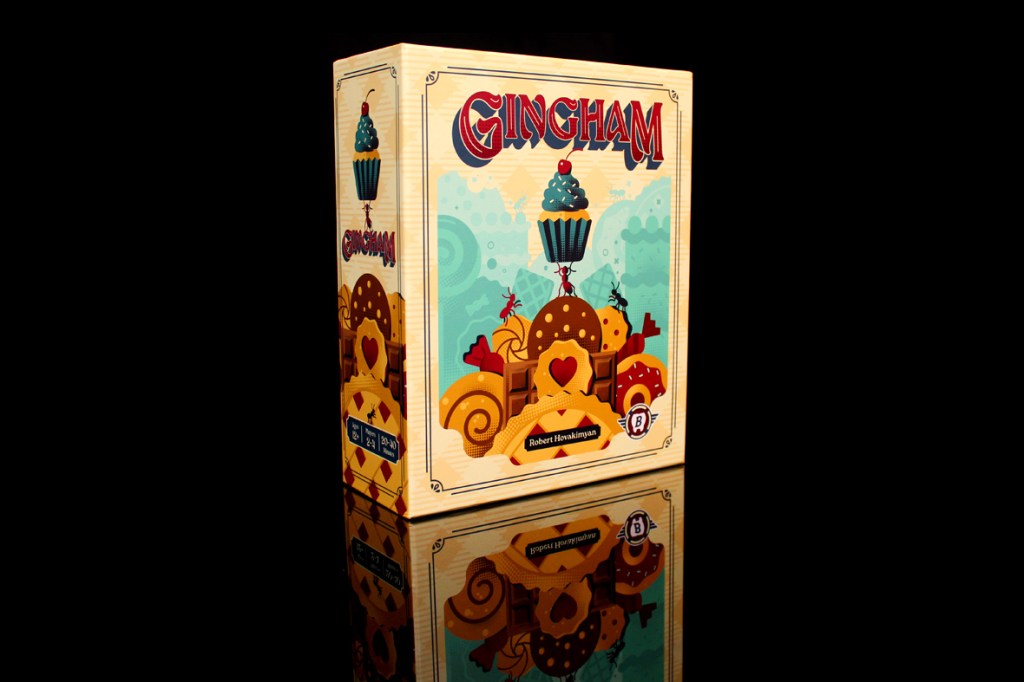 Box of the board game 'Gingham' featuring colorful illustrations of desserts and a whimsical design.