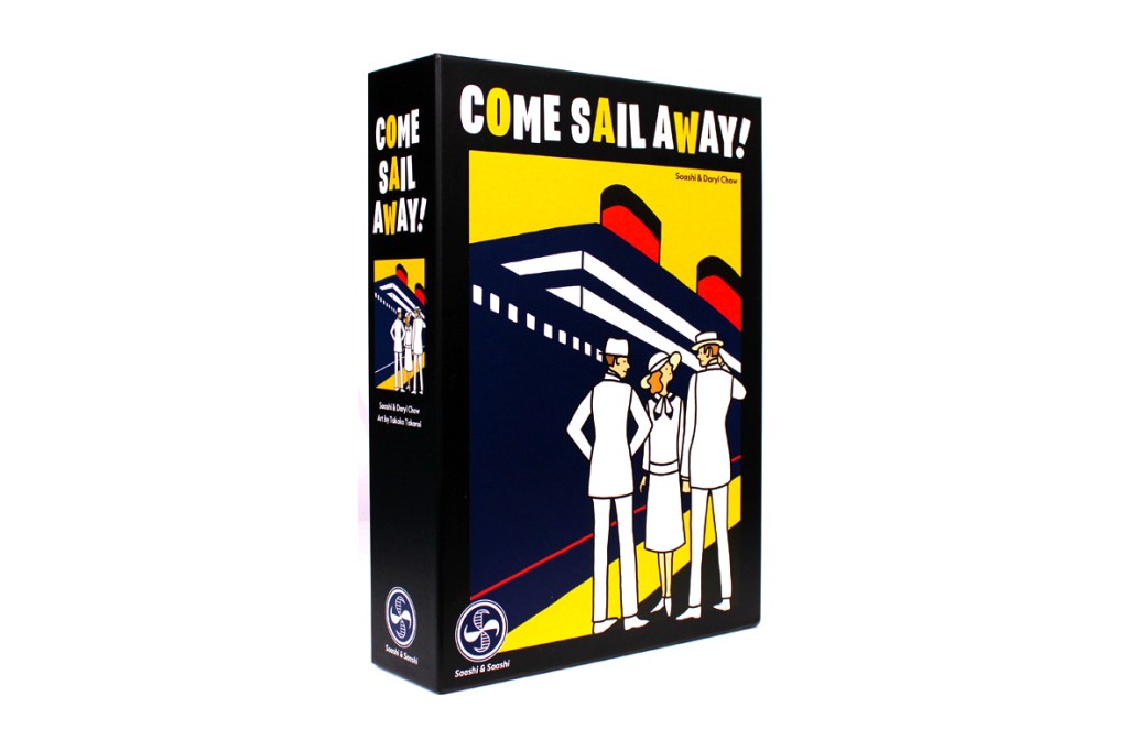 Board game box for 'Come Sail Away!' featuring stylized illustrations of passengers and crew with a cruise ship in the background.