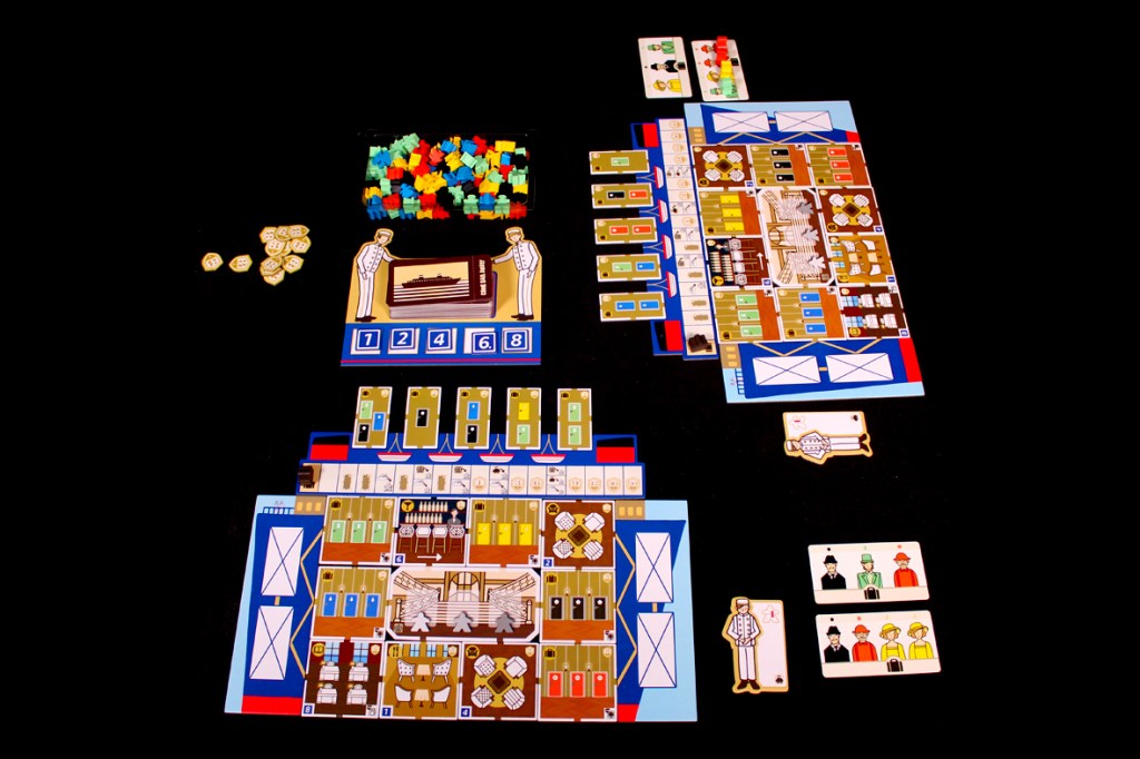 A board game setup for 'Come Sail Away!' featuring player boards, passenger tokens, luggage tokens, and various game components arranged on a black background.