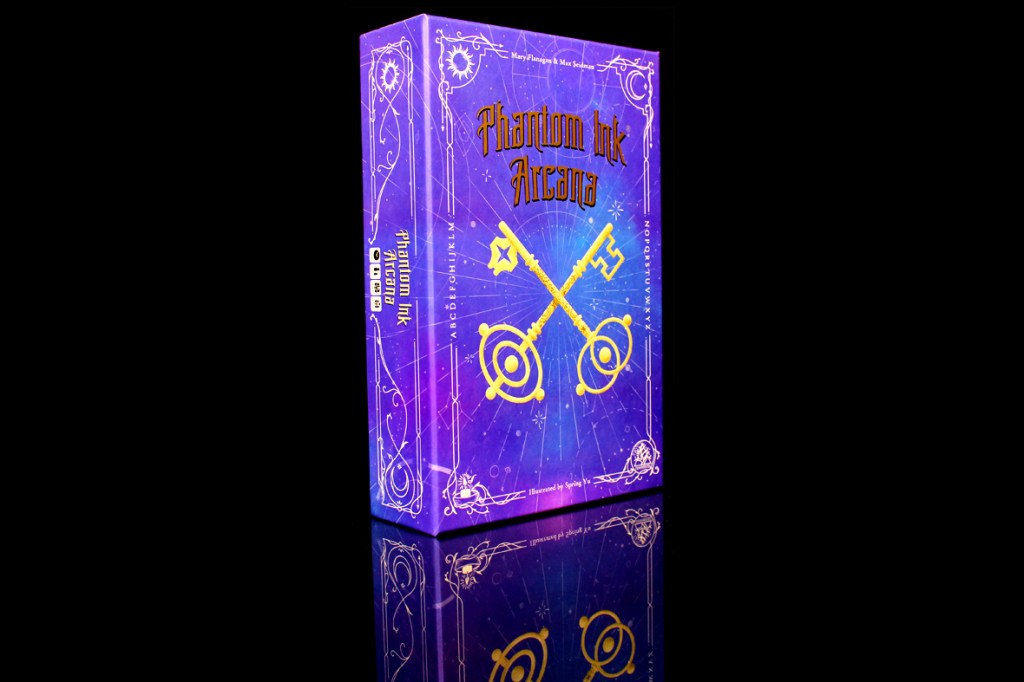Image of the board game box for 'Phantom Ink: Arcana', featuring a purple design with golden keys and the game title prominently displayed.
