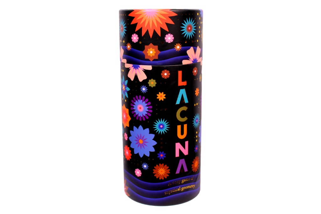 Colorful game box for 'Lacuna' featuring a floral design and the game's title prominently displayed.