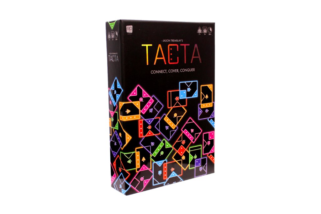 Box cover of the game Tacta featuring vibrant neon-colored shapes and the title prominently displayed.