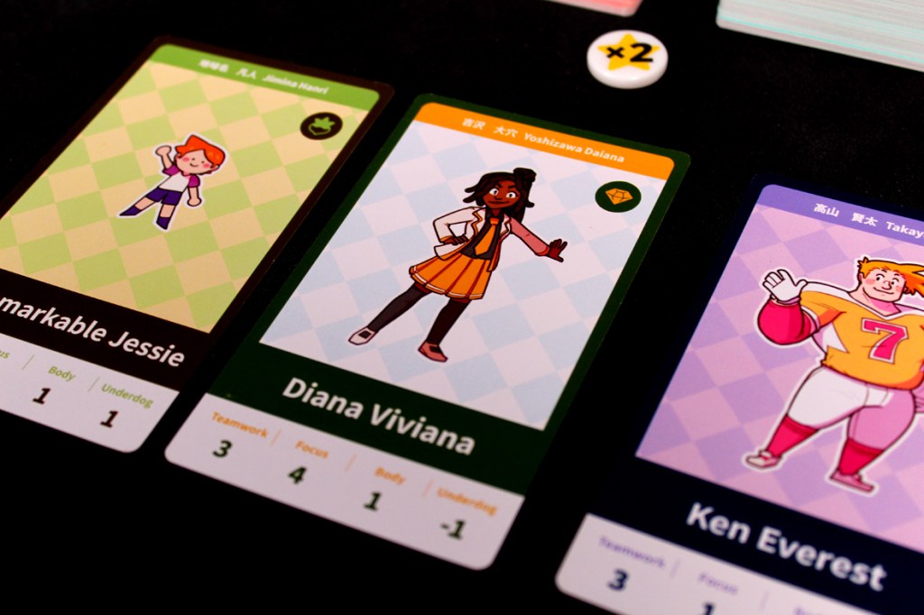 Three character cards from the game Tournament Arc featuring illustrations of Unremarkable Jessie, Diana Viviana, and Ken Everest, each with stats displayed below.
