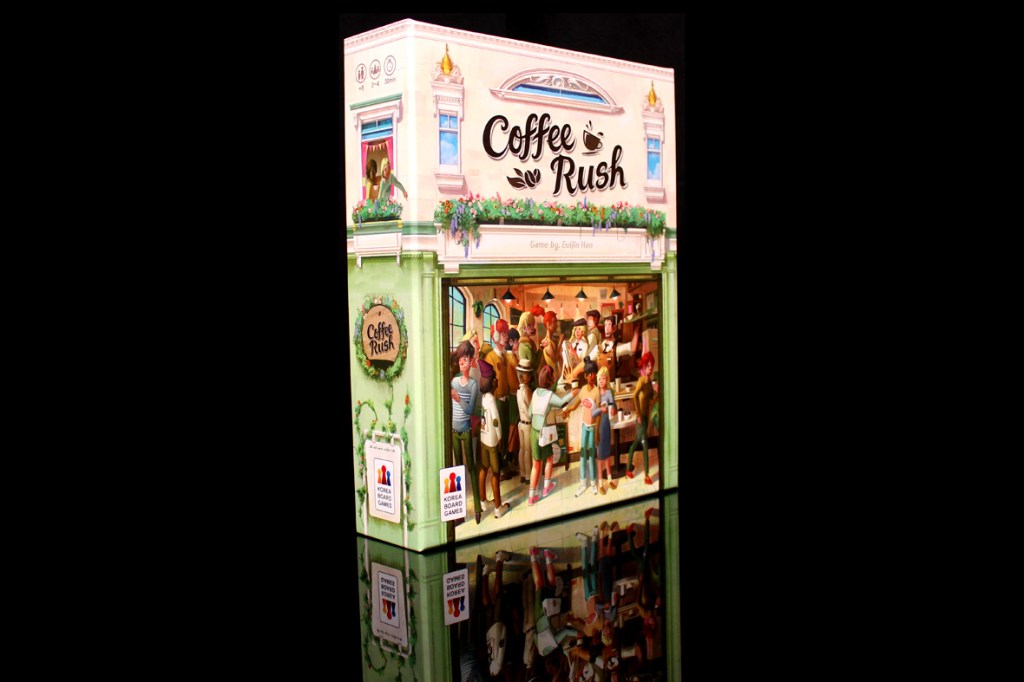 Coffee Rush board game box featuring colorful artwork of a coffee shop with customers.