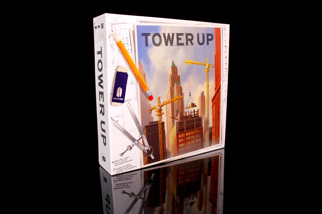 Box art for the board game 'Tower Up', featuring construction elements and a colorful skyline design.