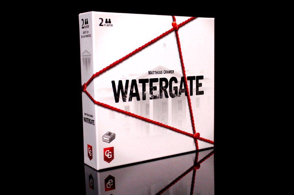 The box cover of the board game 'Watergate', featuring its title in bold letters and a background image of the White House, wrapped in red cord.