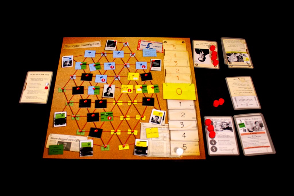 A board game setup featuring the Watergate game, displaying a network of evidence connections with red and green tokens and player cards.
