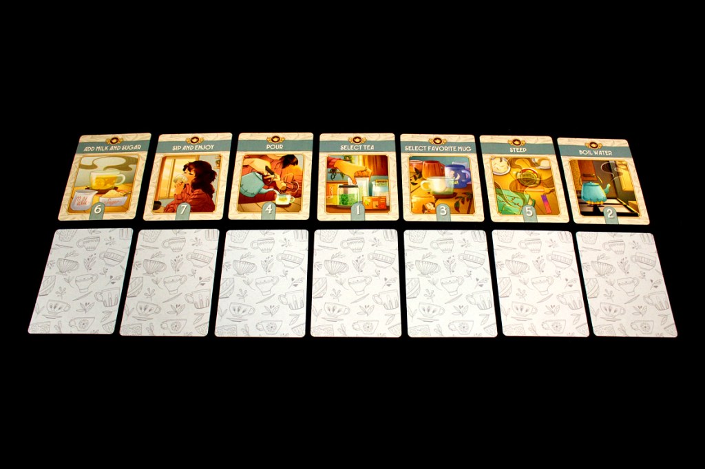 A display of tea-themed game cards arranged in a row, each labeled with actions such as 'Add Milk and Sugar' and 'Pour', alongside empty spaces for additional cards.