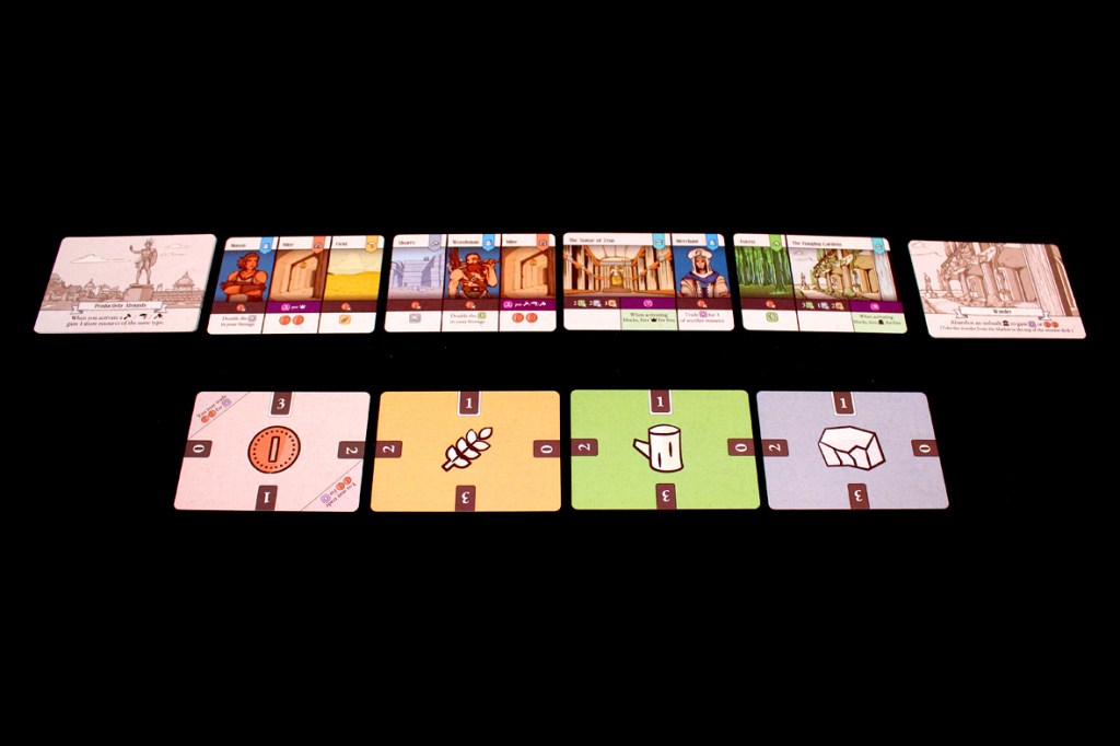 A tabletop game setup featuring several cards laid out, including characters and buildings, along with resource markers below them.