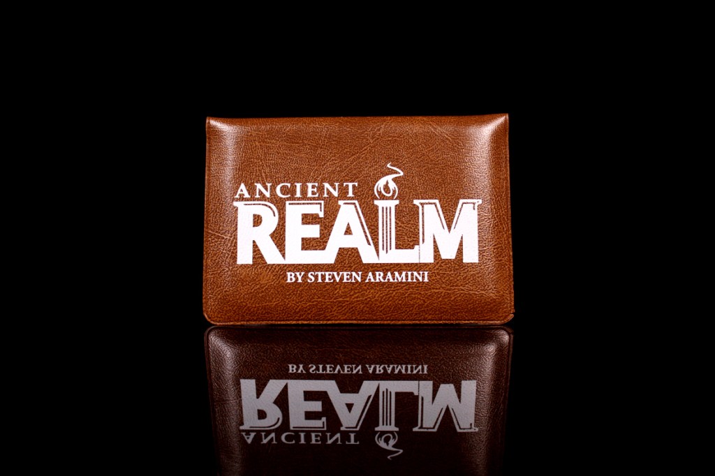 A brown game box for 'Ancient Realm' by Steven Aramini, featuring a white logo that reflects on a dark surface.
