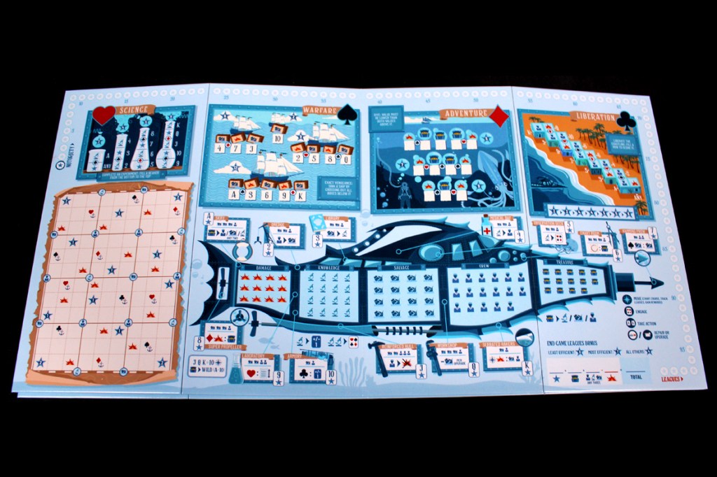 Game board for Flip Voyage, featuring various sections labeled Science, Warfare, Adventure, and Liberation, along with player boards and action options.