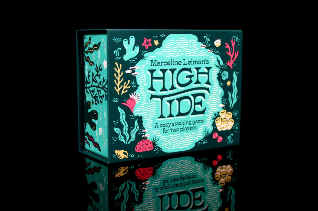 Box of the board game 'High Tide' featuring colorful illustrations of sea life and the title prominently displayed.