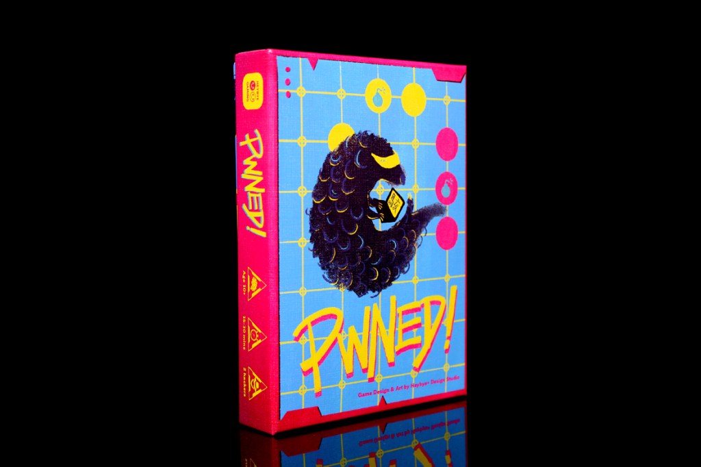 Colorful board game box for PWNED! featuring a stylized pangolin holding a computer graphic, with a bright blue and pink design.