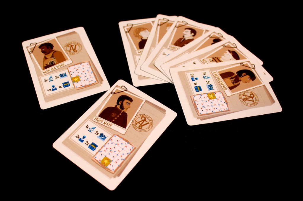 A set of character cards from the board game Flip Voyage, featuring various roles such as Deep Sea Diver and First Mate, each displaying unique abilities and graphics.