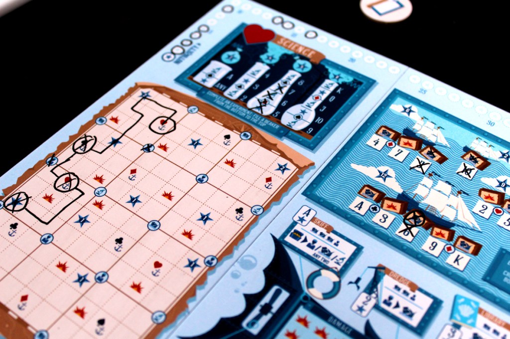 A close-up of a player board from the game Flip Voyage, featuring a colorful nautical map with various marked paths, symbols, and action spaces for gameplay.