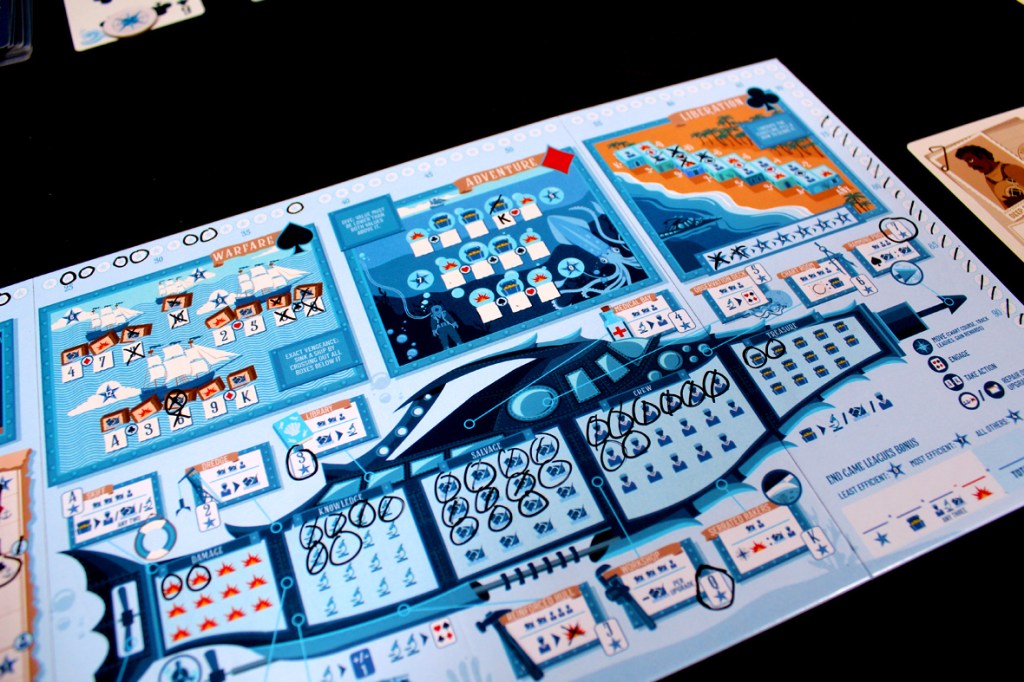 Close-up of the player board for the game Flip Voyage, featuring sections for Warfare, Adventure, and Liberation, with various markings and symbols indicating player progress.