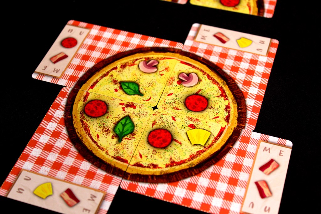 A colorful pizza game board featuring a pizza topped with pepperoni, mushrooms, and basil leaves, surrounded by checkered menu cards.