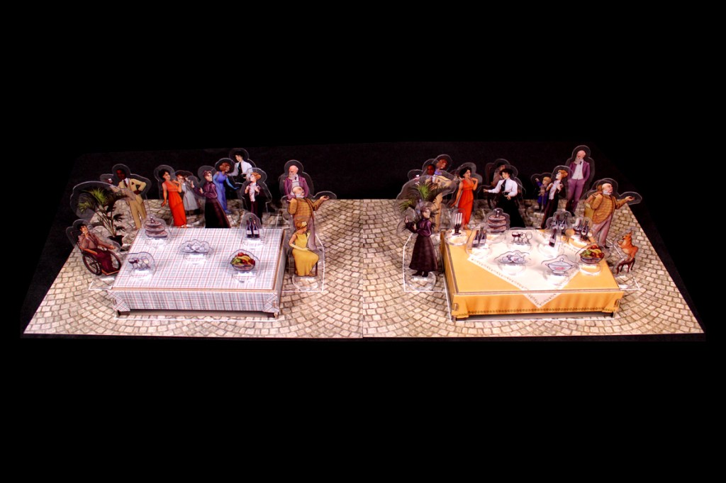 A tabletop setup featuring two dining tables with various characters, both human and animal, arranged around them, surrounded by a cobblestone patterned surface.