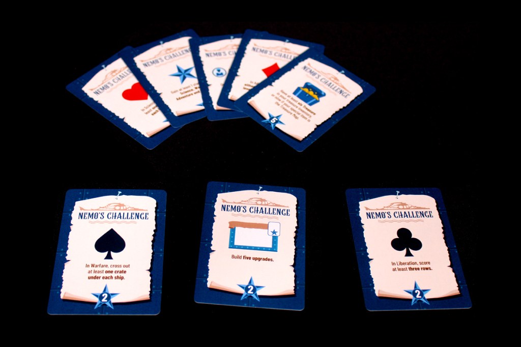 A set of playing cards for the game Flip Voyage, featuring various Nemo's Challenge cards displayed on a dark background.