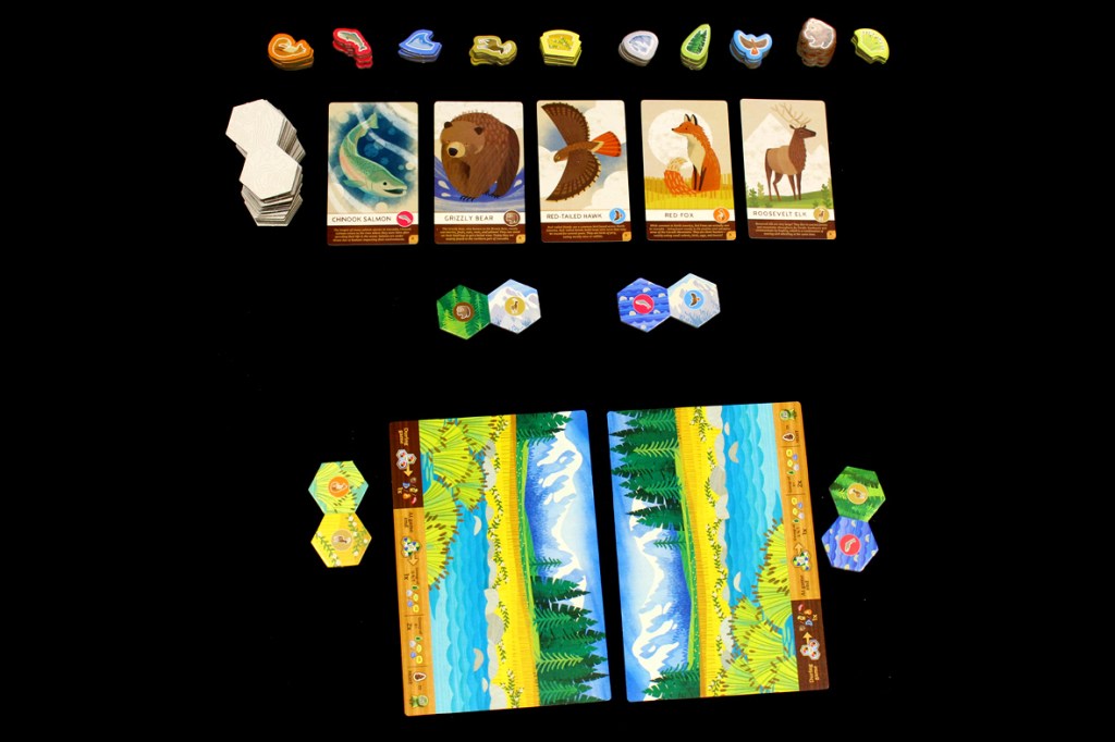 Game components for Cascadia Junior including habitat tiles, wildlife cards, and player boards.