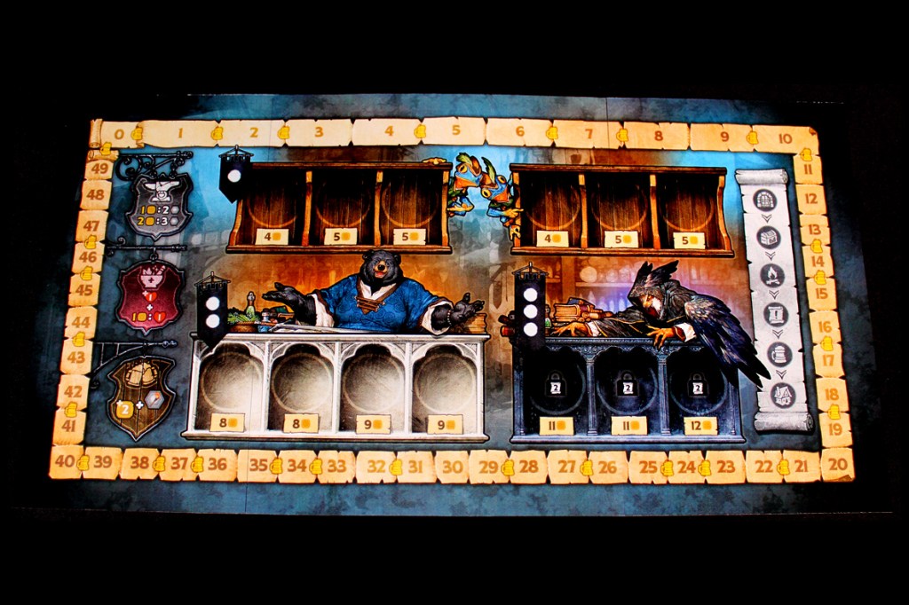 A game board featuring distinct sections with illustrations of a bear and a raven, alongside various numeric values and symbols relevant to gameplay mechanics.