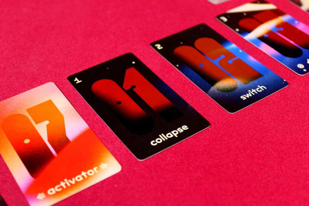 Four game cards displayed on a pink background, labeled '1 Activator', '2 Collapse', and 'Switch'.