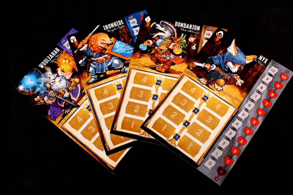 A collection of character boards for a board game, featuring illustrations of various anthropomorphic characters and their stats.