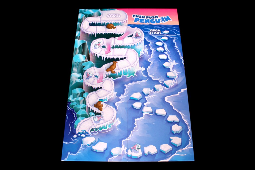 A vibrant game board for Push Push Penguin featuring icy pathways, penguin illustrations, and an orca start area.