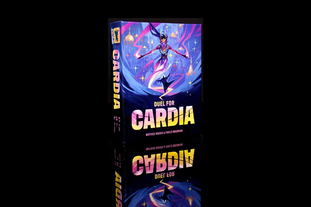 Cover of the board game 'Duel for Cardia', featuring a colorful illustration of a character in an action pose, with vibrant hues and whimsical design elements.