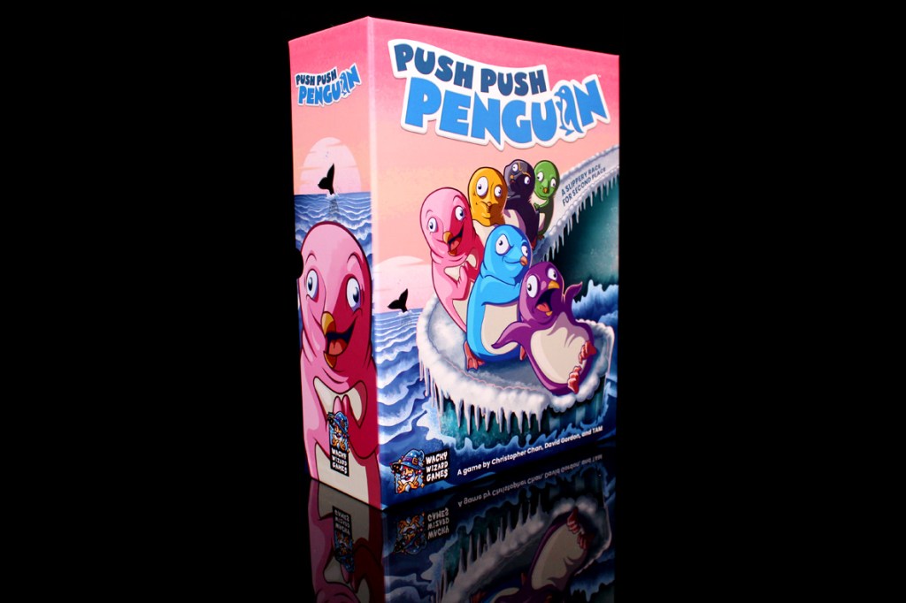 Box cover of the board game 'Push Push Penguin' featuring colorful cartoon penguins on an icy background.