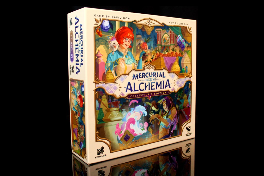 Box cover of the board game 'Mercurial: Alchemia', featuring vibrant artwork with characters and alchemical elements.