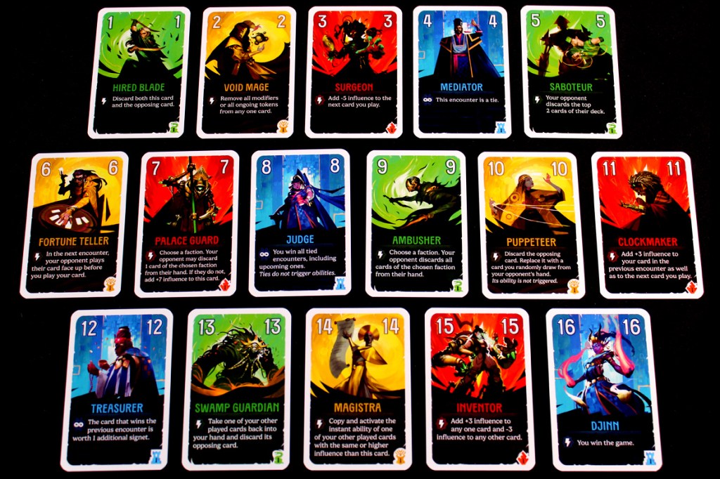 A collection of cards from the game Duel for Cardia, featuring various character designs and abilities. The cards are arranged in a grid, displaying vibrant colors and illustrations, each with a unique effect description below the character name.