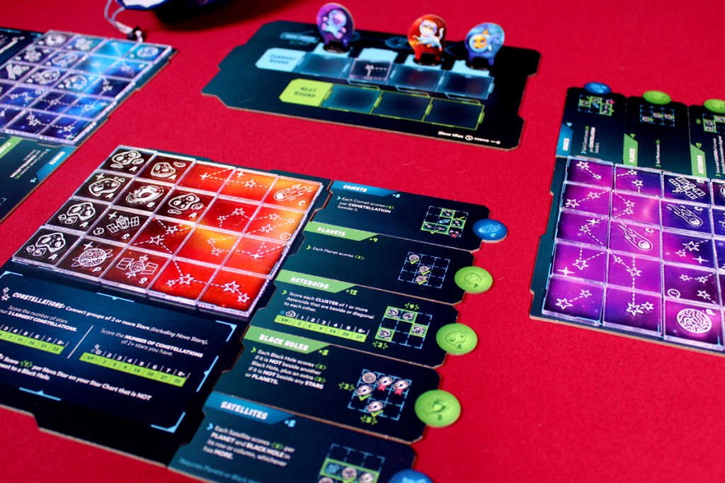 A tabletop game setup featuring colorful scoring boards, player tokens, and gameplay tiles with astrological designs on a red background.
