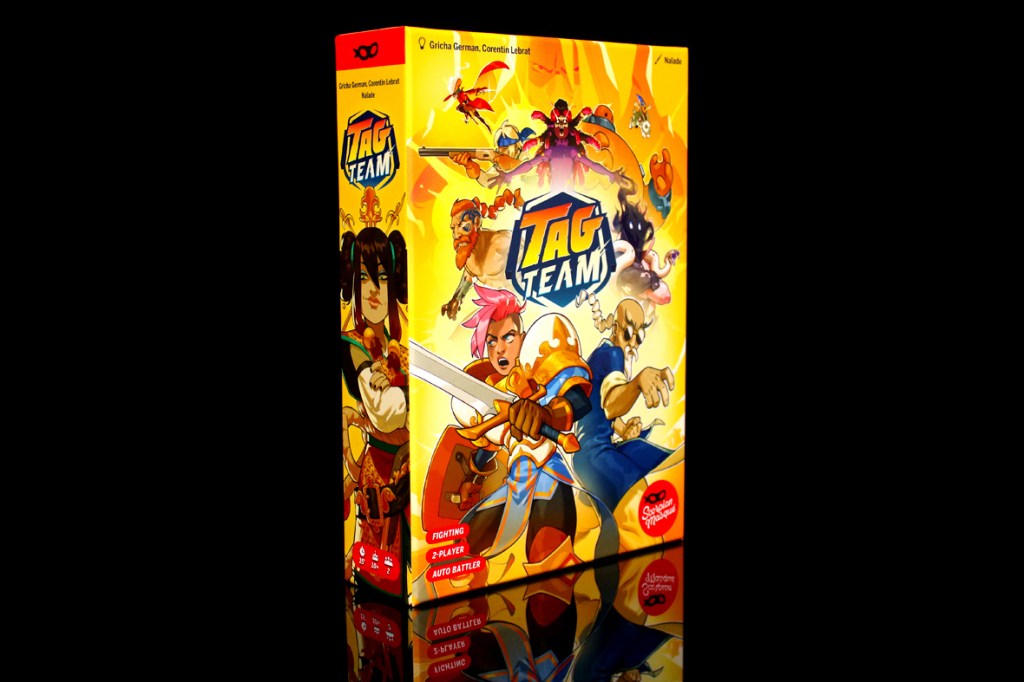 Box cover of the board game 'Tag Team,' showcasing vibrant artwork featuring various characters in action poses against a bright yellow background. The title 'TAG TEAM' prominently displayed at the center.
