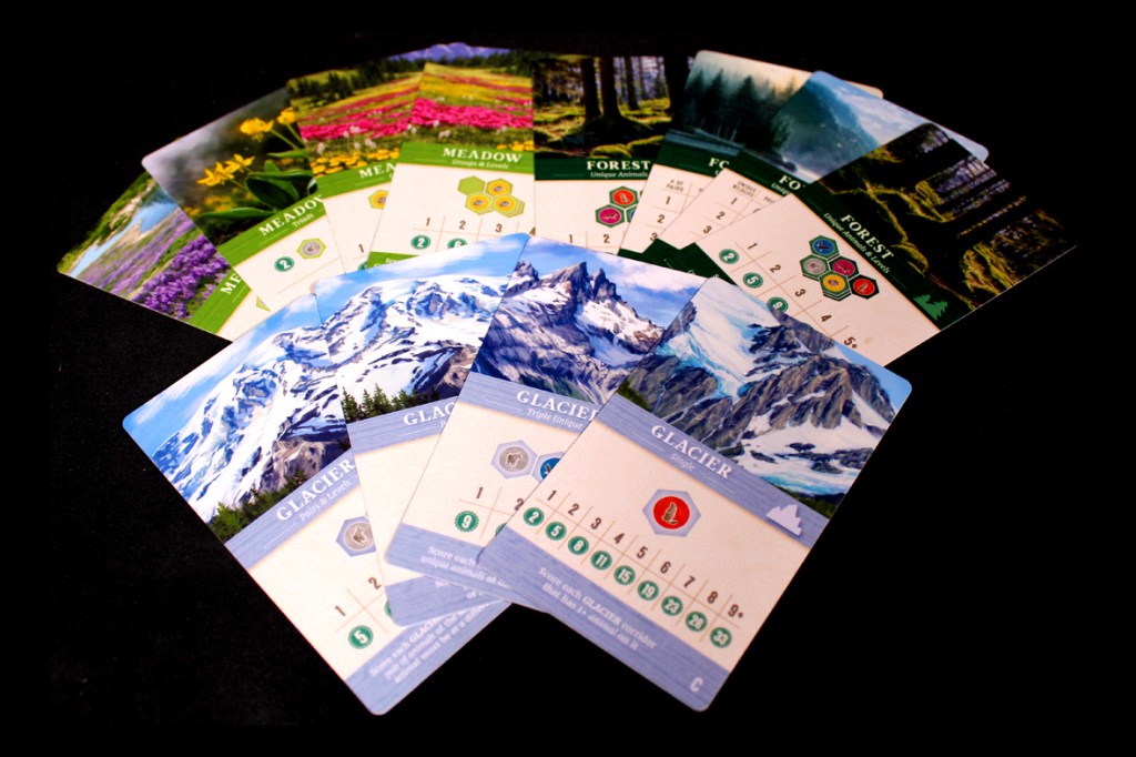 A collection of game cards featuring different habitats such as meadows, forests, and glaciers, each designed with colorful landscapes and scoring information.