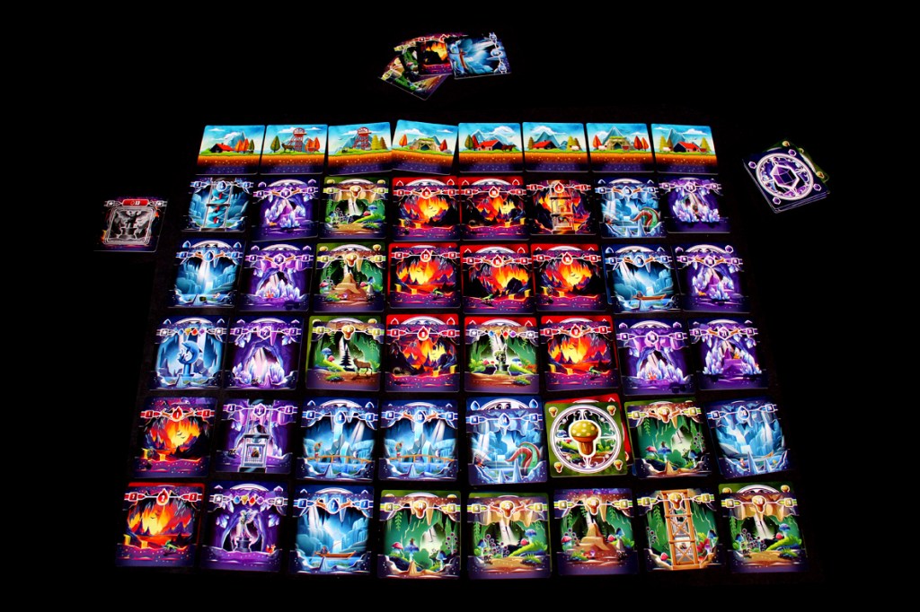 A colorful game board depicting a 6x8 grid filled with various vibrant cards representing different elements and themes, with several cards stacked on one side.