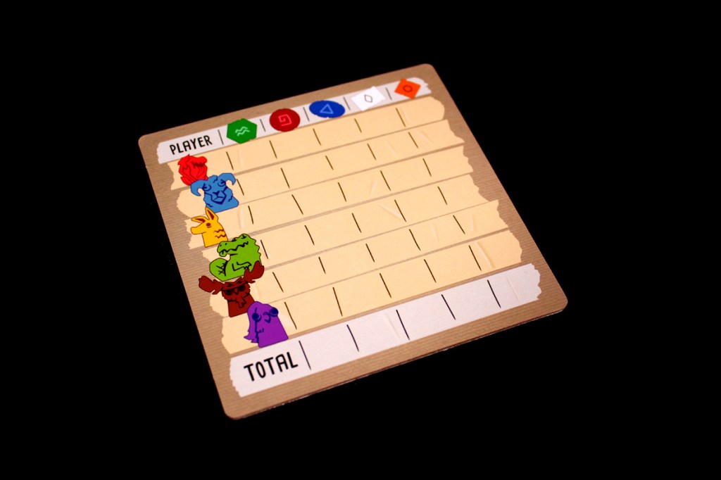 A colorful scoreboard for a board game, featuring spaces for player names and scores, adorned with illustrations of cute, whimsical animal characters.
