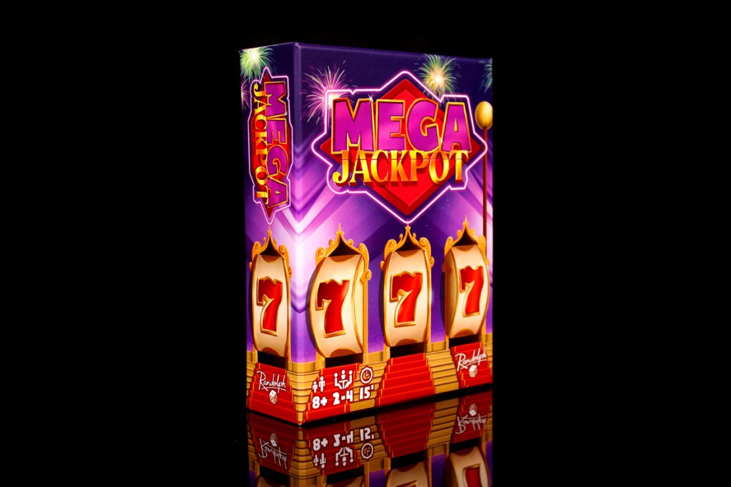 Box cover of the board game 'Mega Jackpot' featuring bright colors, slot machine motifs, and the title prominently displayed.