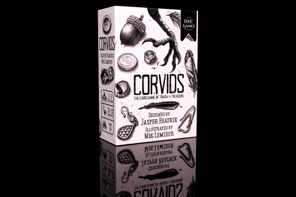 The box of the board game 'Corvids' featuring artistic illustrations and game details, with a reflective surface.