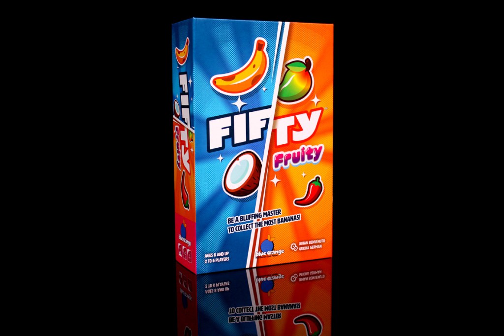 A colorful board game box for Fifty Fruity, featuring vibrant fruit illustrations and the game's title prominently displayed.