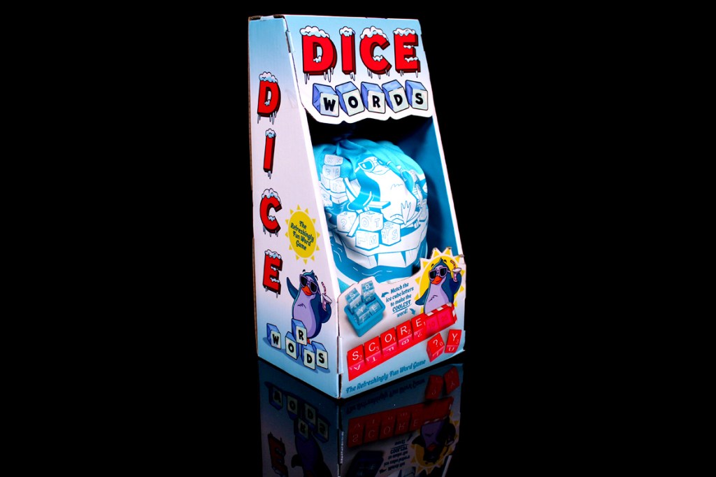 A box of the board game 'Dice Words', featuring colorful graphics and an image of a cartoon penguin wearing sunglasses, set against a black background.