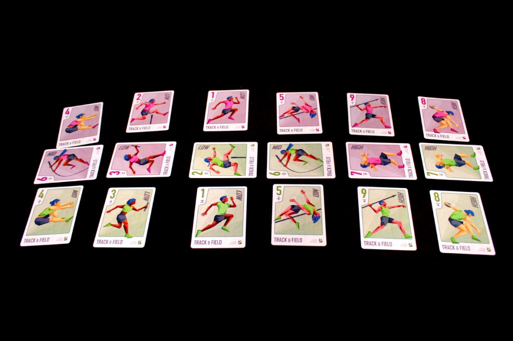 A layout of cards from the game Championland: Track & Field, featuring various athletes and events categorized as low, mid, and high, displayed on a black background.