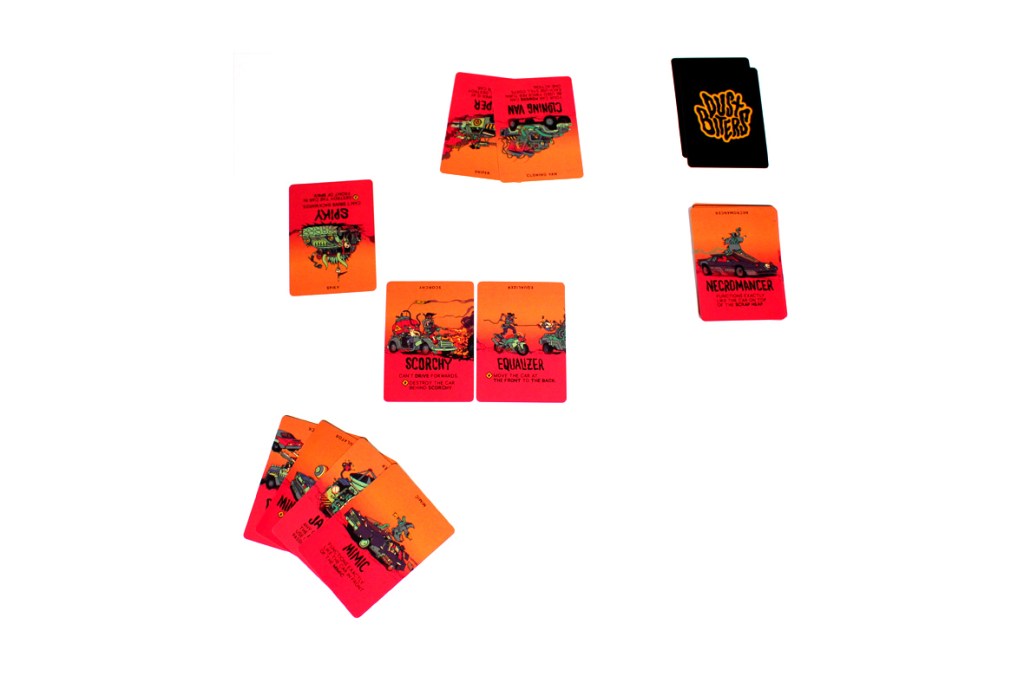 A layout of cards from the game Dustbiters: Pocket Edition, including character cards and a game logo, arranged on a white background.