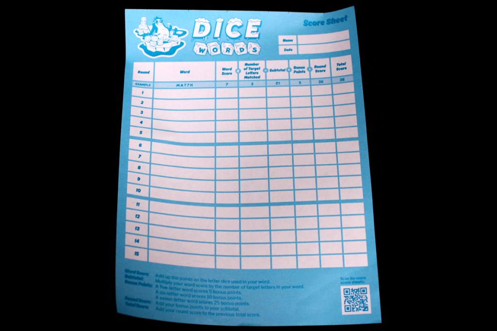 A score sheet for the game 'Dice Words', featuring columns for the round, word, word score, number of target letters matched, bonus points, round score, and total score.