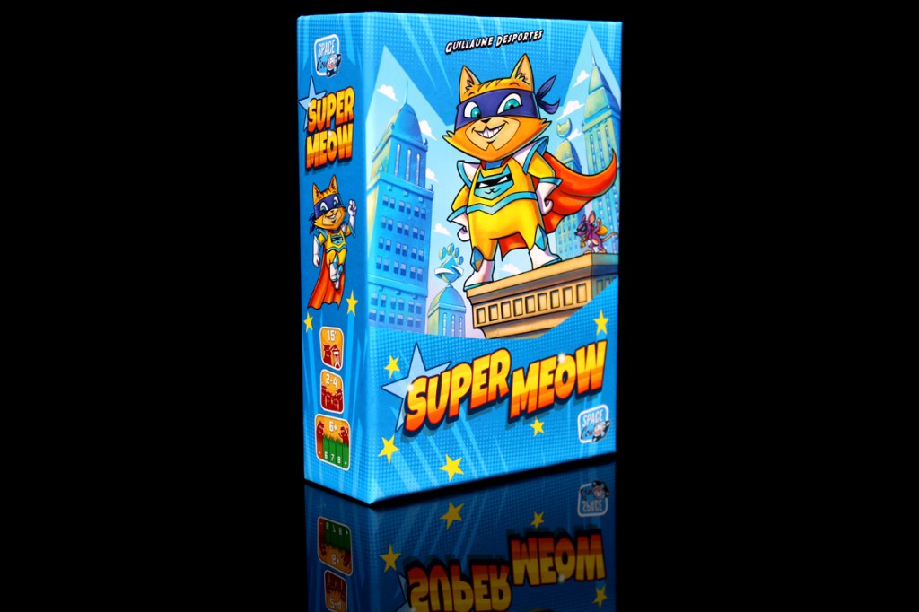 Box art of the board game 'Super Meow', featuring a cartoon superhero cat in a cityscape background.