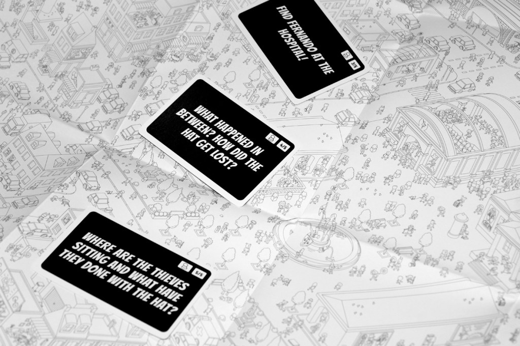 A close-up of a game board from MicroMacro: Crime City, featuring a detailed cityscape illustration and three clue cards with black backgrounds and white text.